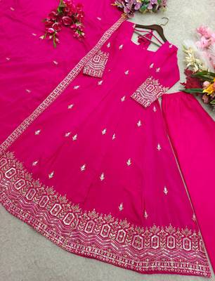 rani pink color embroidery sequin work silk blend gown set 2