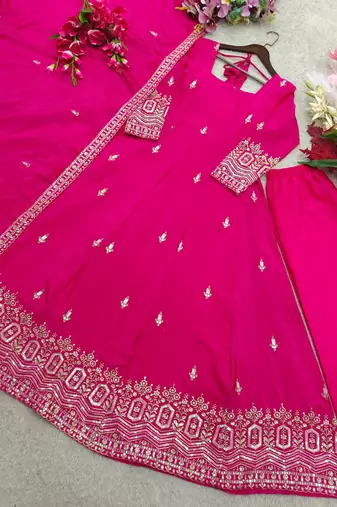 rani pink color embroidery sequin work silk blend gown set