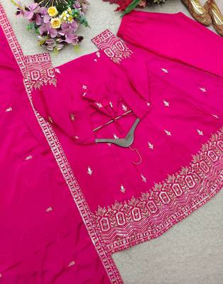 rani pink color embroidery sequin work silk blend gown set 3