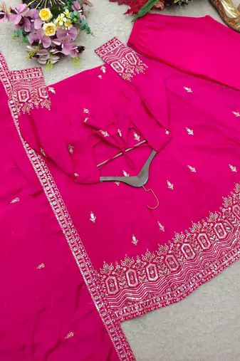 rani pink color embroidery sequin work silk blend gown set