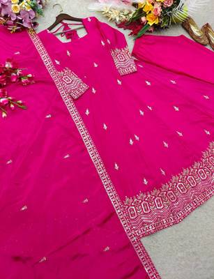 rani pink color embroidery sequin work silk blend gown set 4