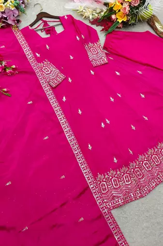 rani pink color embroidery sequin work silk blend gown set