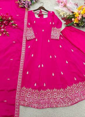rani pink color embroidery sequin work silk blend gown set 5