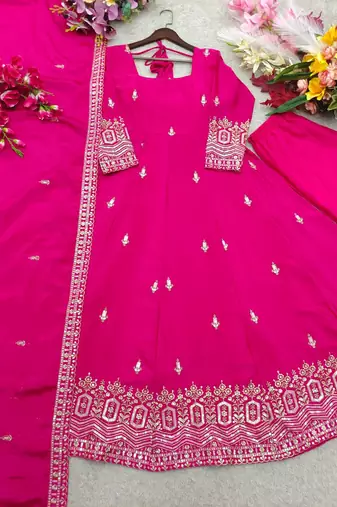 rani pink color embroidery sequin work silk blend gown set