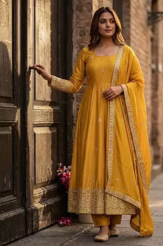 yellow color embroidery sequin work silk blend gown set