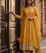 yellow color embroidery sequin work silk blend gown set