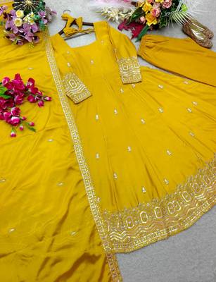 yellow color embroidery sequin work silk blend gown set 2