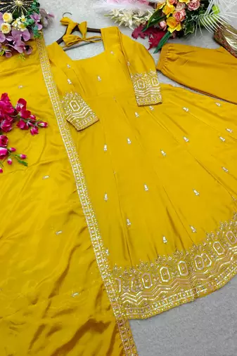 yellow color embroidery sequin work silk blend gown set