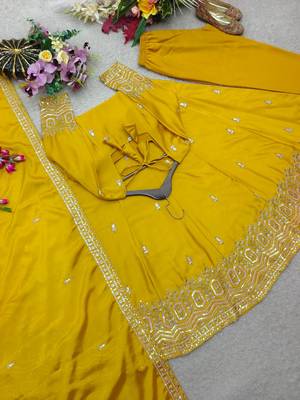 yellow color embroidery sequin work silk blend gown set 3