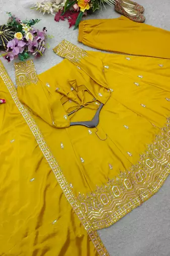 yellow color embroidery sequin work silk blend gown set