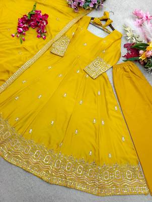 yellow color embroidery sequin work silk blend gown set 4