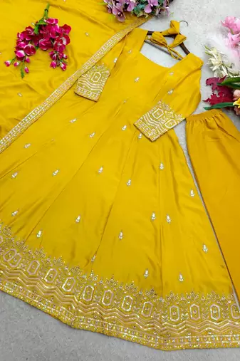 yellow color embroidery sequin work silk blend gown set