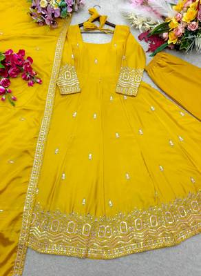 yellow color embroidery sequin work silk blend gown set 5
