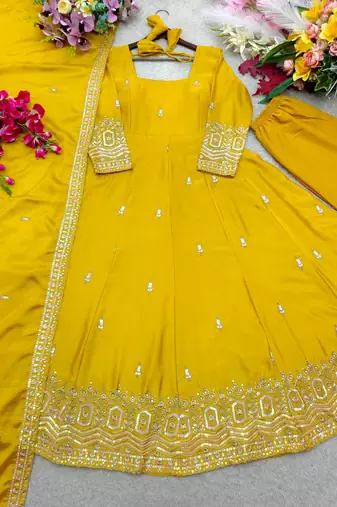 yellow color embroidery sequin work silk blend gown set