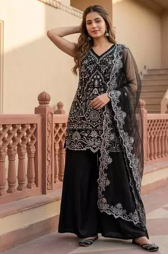 Black Color Embroidery And Sequance Work Georgete Salwar Suit