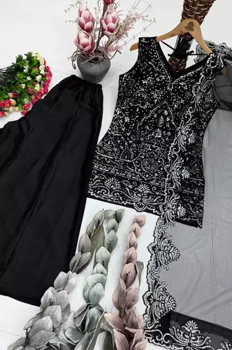 Black Color Embroidery And Sequance Work Georgete Salwar Suit