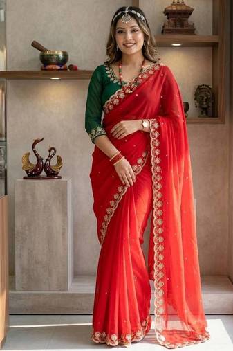 red color Beautiful sequins Embroidery Georgette saree