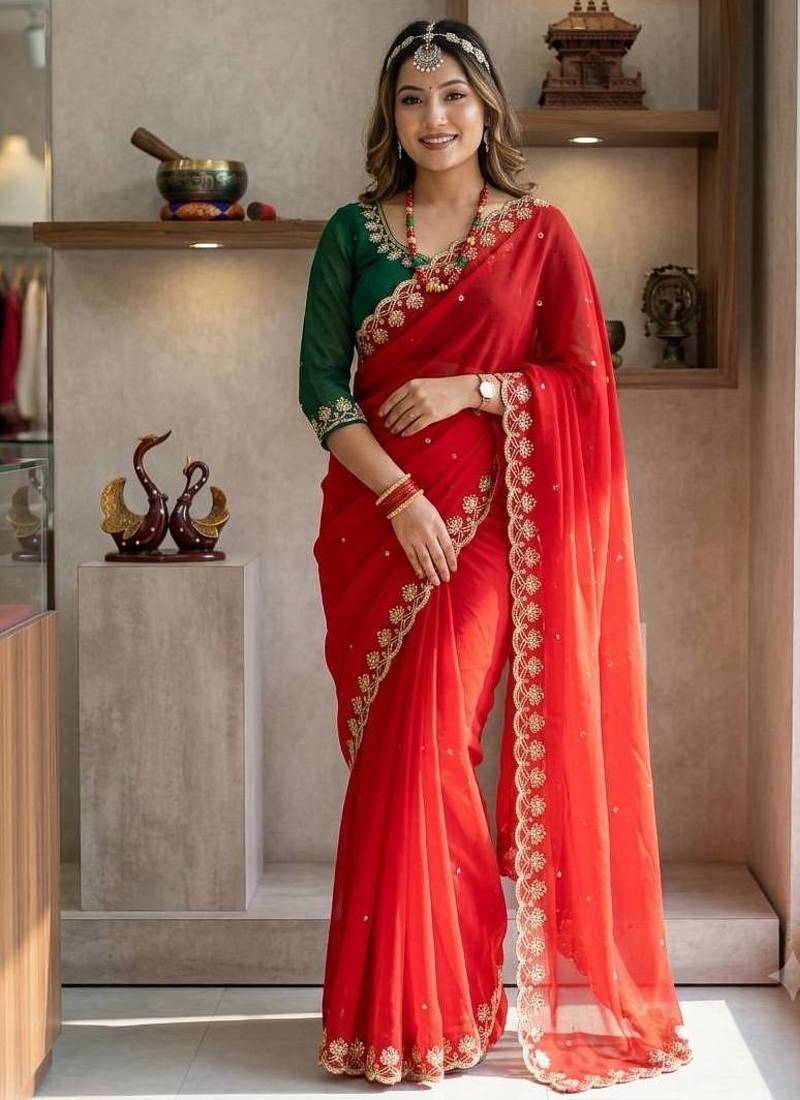 red color Beautiful sequins Embroidery Georgette saree