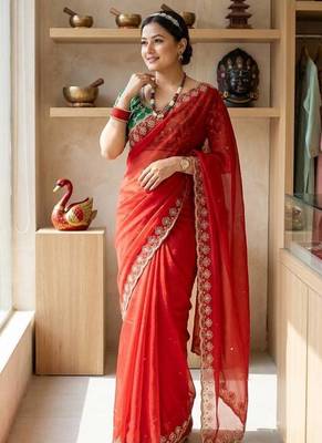 red color Beautiful sequins Embroidery Georgette saree 2