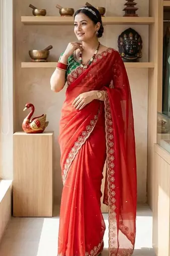 red color Beautiful sequins Embroidery Georgette saree