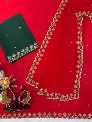 red color Beautiful sequins Embroidery Georgette saree 4