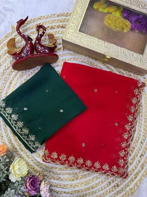 red color Beautiful sequins Embroidery Georgette saree 5