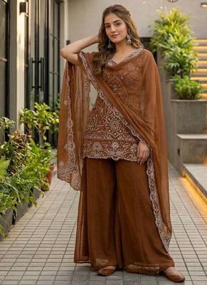 Brown Color Embroidery And Sequance Work Georgete Salwar Suit 1
