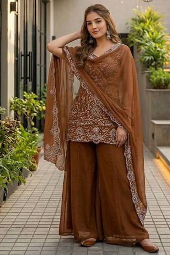Brown Color Embroidery And Sequance Work Georgete Salwar Suit