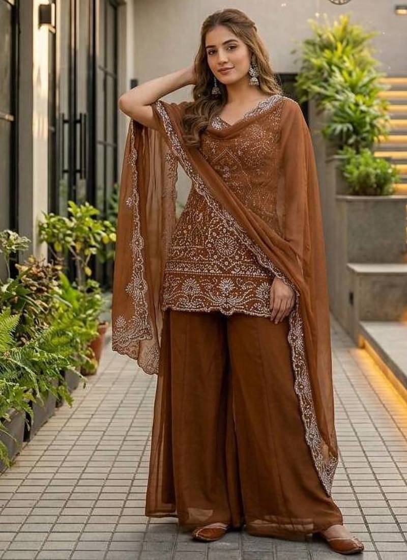 Brown Color Embroidery And Sequance Work Georgete Salwar Suit