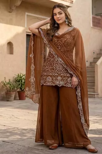 Brown Color Embroidery And Sequance Work Georgete Salwar Suit