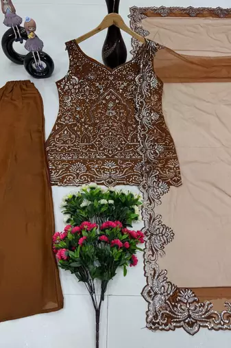Brown Color Embroidery And Sequance Work Georgete Salwar Suit