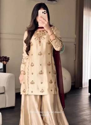 cream color embroidery sequin work crepe kurti sharara set 1