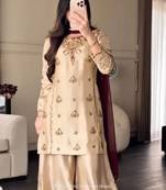 cream color embroidery sequin work crepe kurti sharara set
