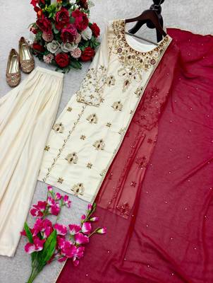 cream color embroidery sequin work crepe kurti sharara set 2
