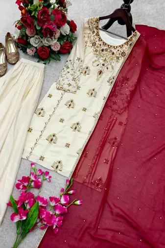 cream color embroidery sequin work crepe kurti sharara set