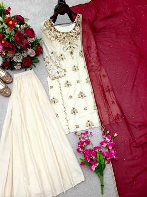 cream color embroidery sequin work crepe kurti sharara set 3