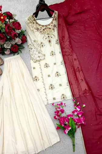 cream color embroidery sequin work crepe kurti sharara set
