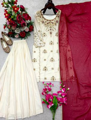 cream color embroidery sequin work crepe kurti sharara set 4