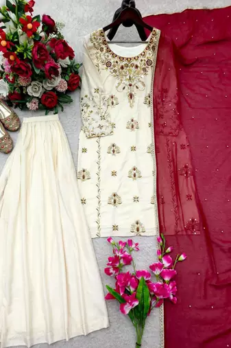 cream color embroidery sequin work crepe kurti sharara set