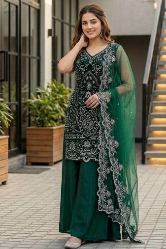 Green Color Embroidery And Sequance Work Georgete Salwar Suit