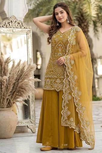 Mustard Color Embroidery And Sequance Work Georgete Salwar Suit