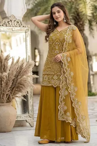 Mustard Color Embroidery And Sequance Work Georgete Salwar Suit