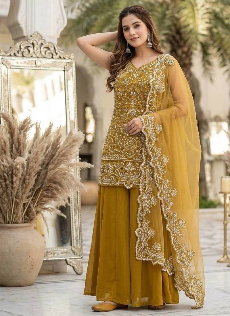 Mustard Color Embroidery And Sequance Work Georgete Salwar Suit