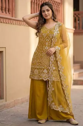 Mustard Color Embroidery And Sequance Work Georgete Salwar Suit