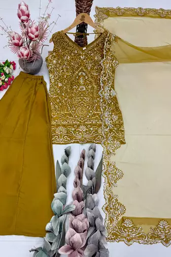Mustard Color Embroidery And Sequance Work Georgete Salwar Suit