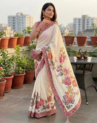white color butterfly and floral print sequins and real mirror work chinnon silk blend saree 1