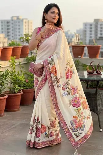 white color butterfly and floral print sequins and real mirror work chinnon silk blend saree
