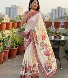 white color butterfly and floral print sequins and real mirror work chinnon silk blend saree