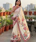 white color butterfly and floral print sequins and real mirror work chinnon silk blend saree