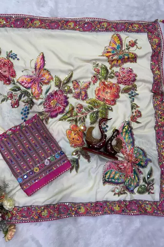 white color butterfly and floral print sequins and real mirror work chinnon silk blend saree